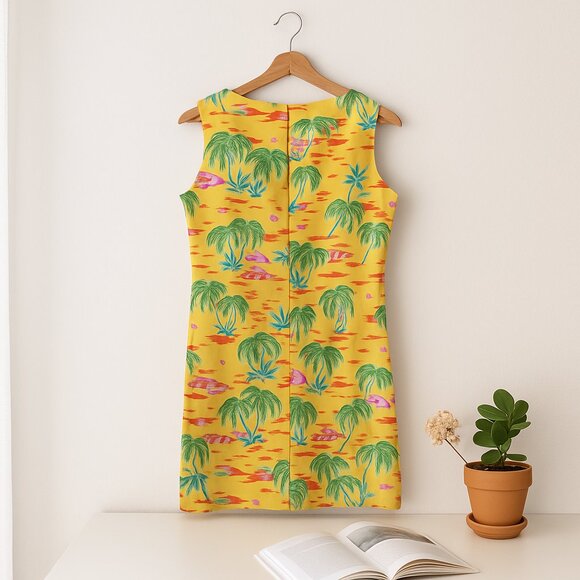 Talbots Petites Tropical Palm Print Womens Sheath Dress 10P Yellow Vintage Beach - Picture 2 of 8